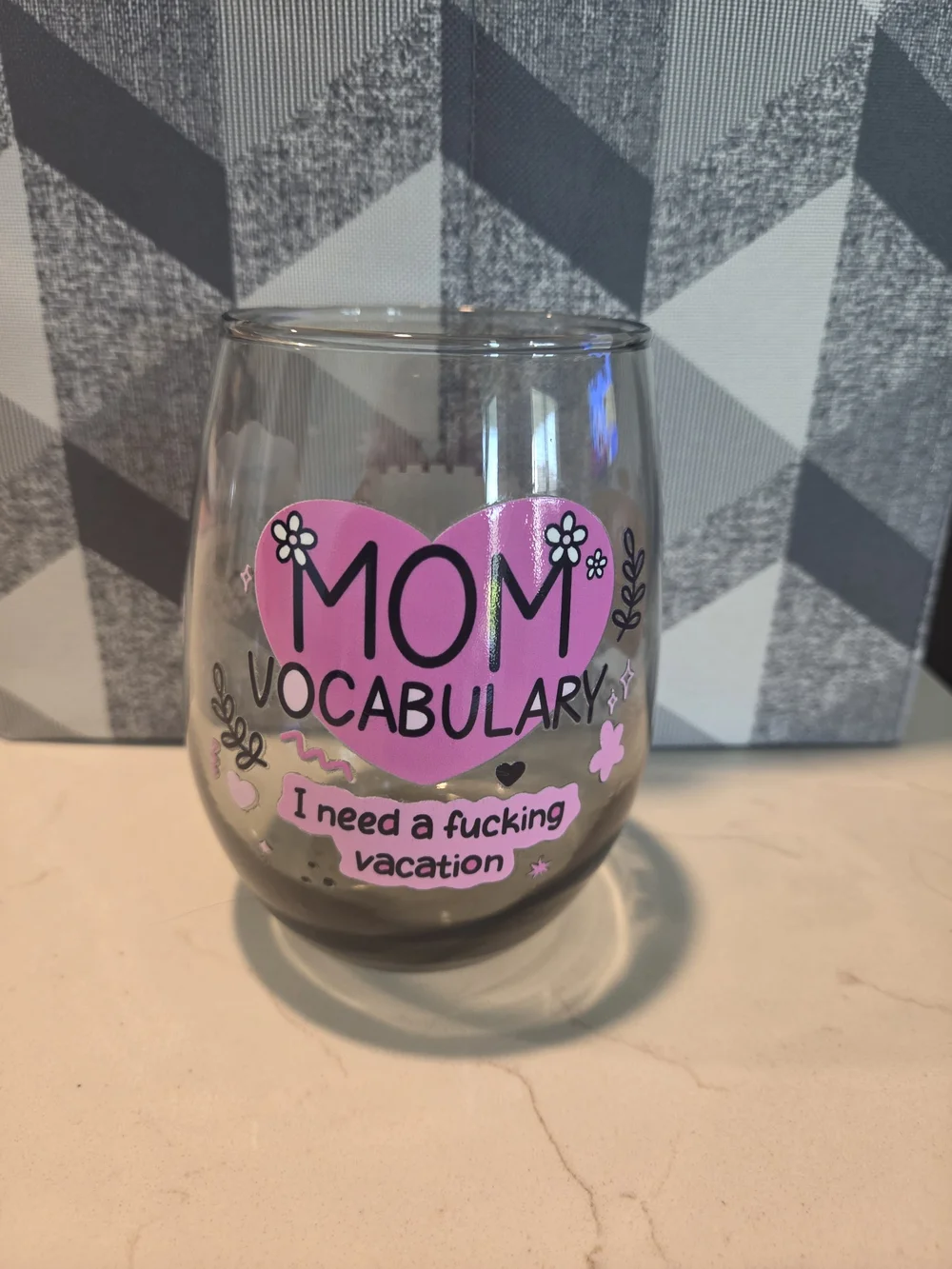 HG Creations Mom Vocabulary Funny Stemless Wine Glass Pink Adult Humor Gift